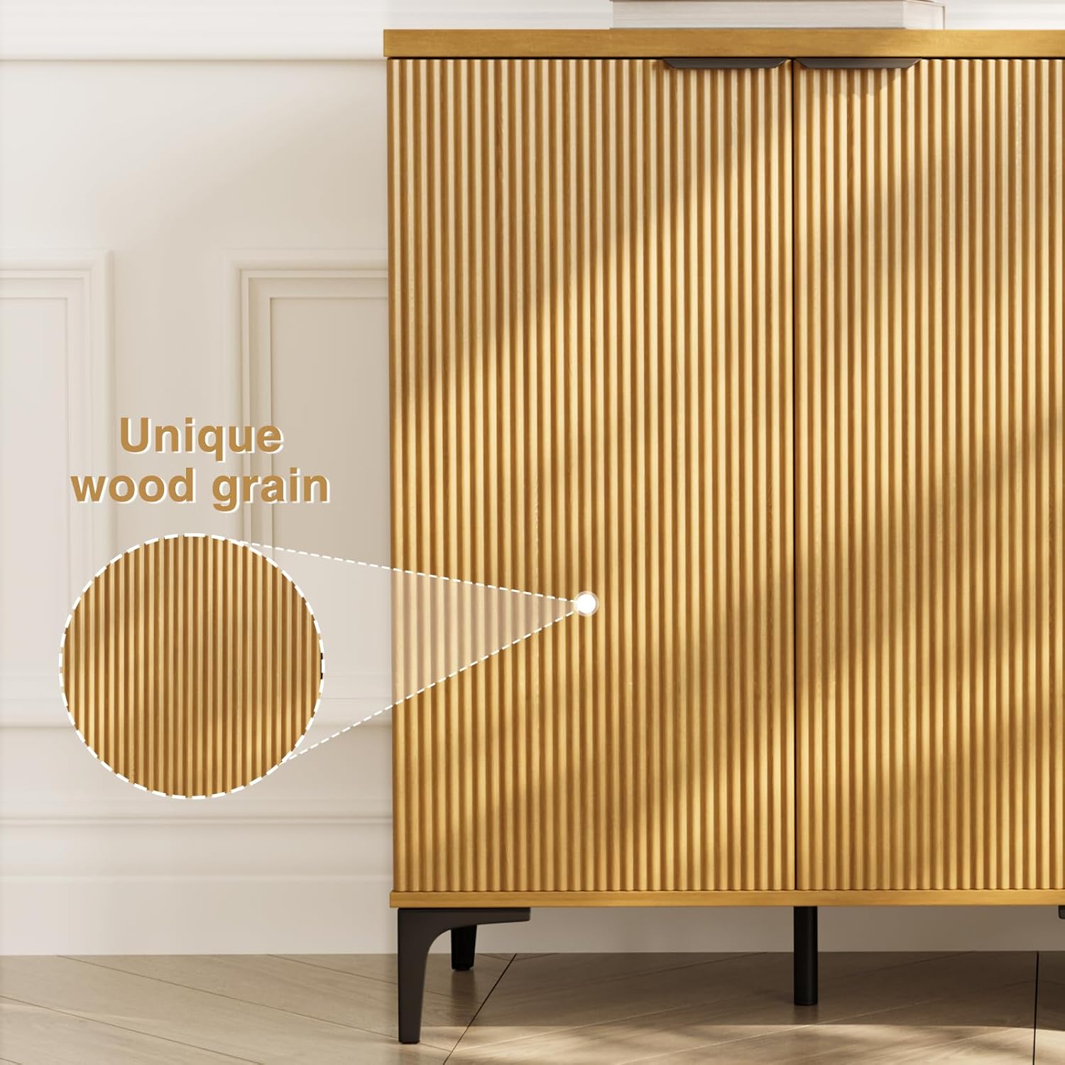 Fluted Sideboard Buffet Cabinet, 2 Doors Side Board Storage Cabinet, Buffet Cabinet with Line Groove Design,Side Board with Metal Legs and Handle, Buffet for Entryway, Natural Wood